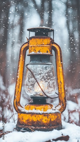 Snowy landscape with a glowing lantern and a forest in the background