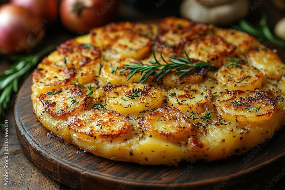 An overhead photo of a Spanish tortilla in a traditional tortilla, with parsley, on dark rustic textures with ingredients An overhead photo of a Spanish tortilla in a traditional tortilla, with parsley, on dark rustic textures with ingredients