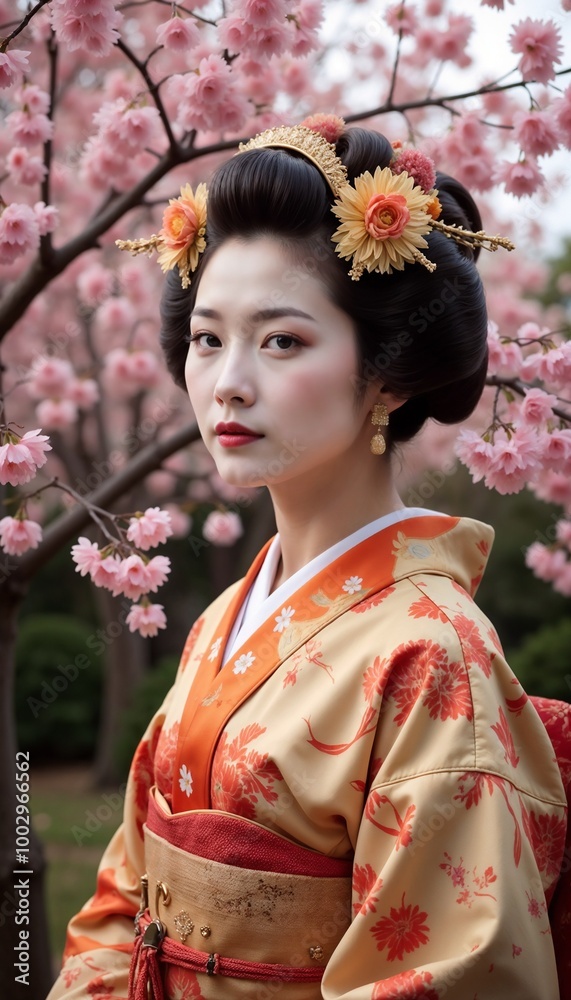 Japanese woman in traditional kimono surrounded by blooming cherry blossoms copy space Japanese woman in traditional kimono surrounded by blooming cherry blossoms copy space