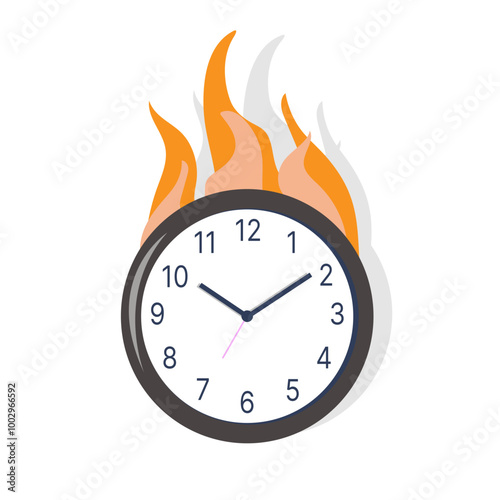 Alarm clock in fire isolated on white background. Deadline coming. Burning clock.