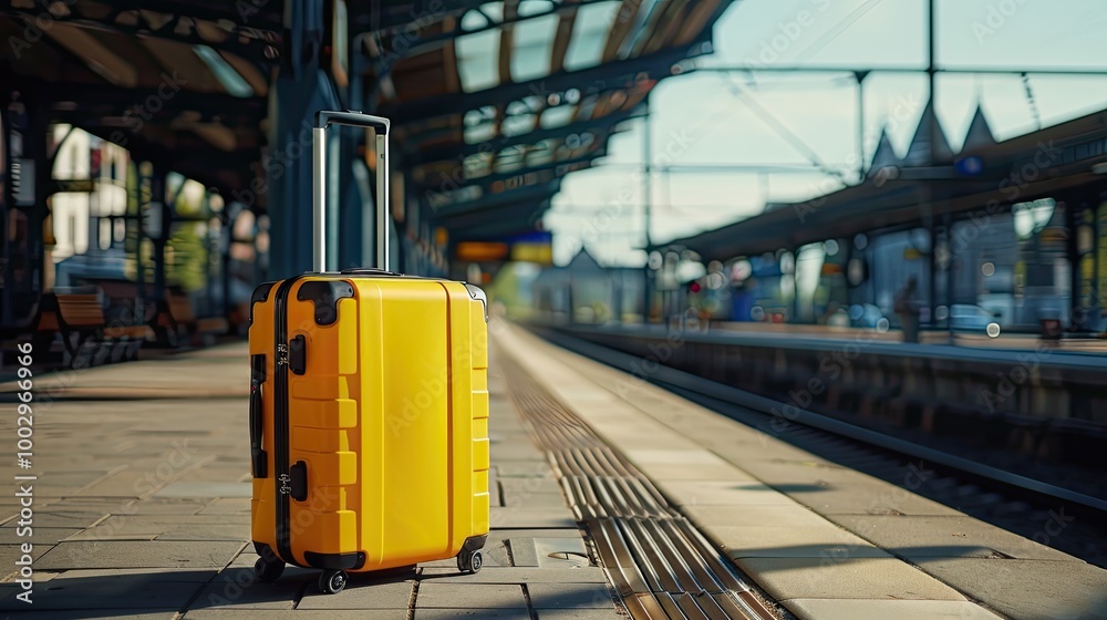 A yellow suitcase standing on the platform of a modern railway station on a sunny day. A yellow suitcase standing on the platform of a modern railway station on a sunny day.