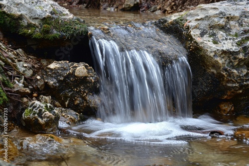 Small waterfall cascading over moss-covered rocks in forest stream. Clear water flows gracefully into shallow pool, surrounded by natural rocks and greenery, peaceful, captures essence nature.
