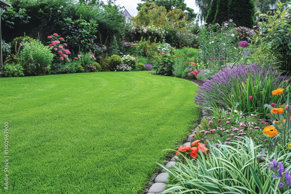 Fototapeta premium Lush, well-maintained garden with vibrant green lawn and colorful flower beds, variety plants, including blooming flowers, create beautiful, serene outdoor space filled with life and nature.