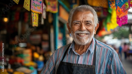 Smiling elderly man wearing striped shirt and apron in a market.