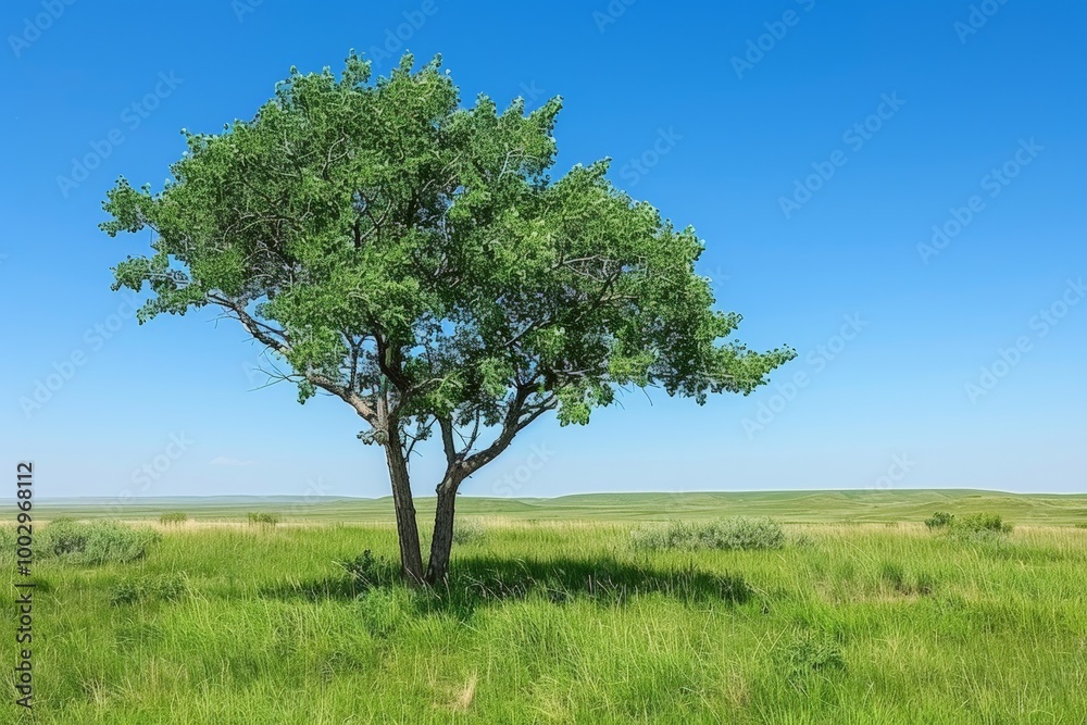 Lone green tree stands tall in vast, open grassy field under clear blue sky, bright, natural scene emphasizes simplicity, freedom, beauty of nature in its untouched form. Lone green tree stands tall in vast, open grassy field under clear blue sky, bright, natural scene emphasizes simplicity, freedom, beauty of nature in its untouched form.