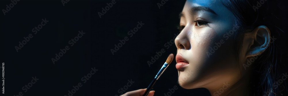 Fototapeta premium Asian woman face features prominently in editorial fashion. Applies blue shade to cheek using makeup brush, creating natural, gentle look. Image focuses on model skin tone, gray shirt, makeup