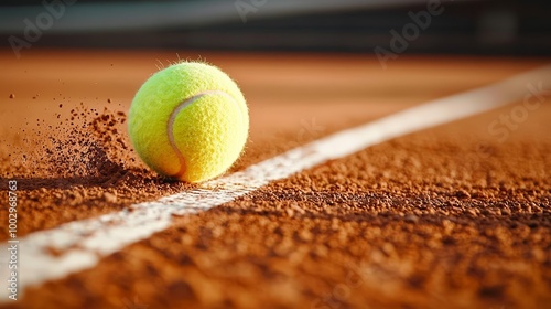 Action shot of tennis ball impact on the court line, clay dust in the air