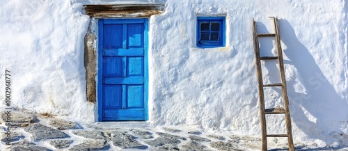 Blue door on old white building in Greece with wooden ladder, traditional architecture
