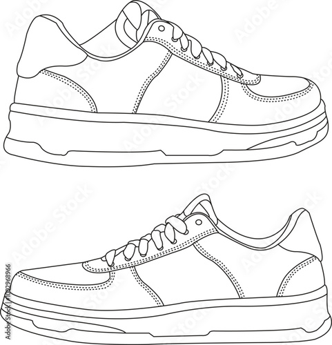 Shoes sneaker outline drawing vector icon, set of sneakers design vectors isolated, black line sneaker template outline