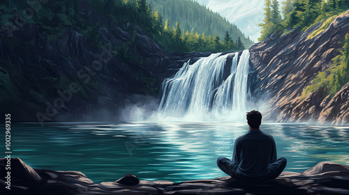 Lakeside contemplation: a moment of peace by cascading falls. Cascading Falls. Illustration