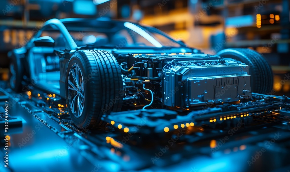 An electric car lithium battery pack is illustrated with power ...