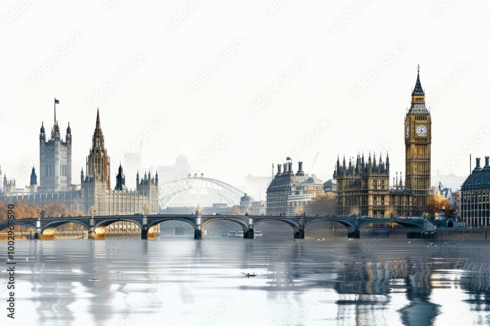 Obraz premium Beautiful cityscape of London featuring iconic structures such as Big Ben and the Houses of Parliament. A serene river view at dawn. Generative AI