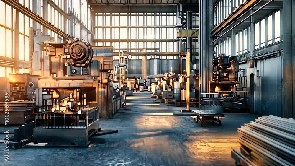 Large Modern Industrial Machinery in Factory with Sunlight

