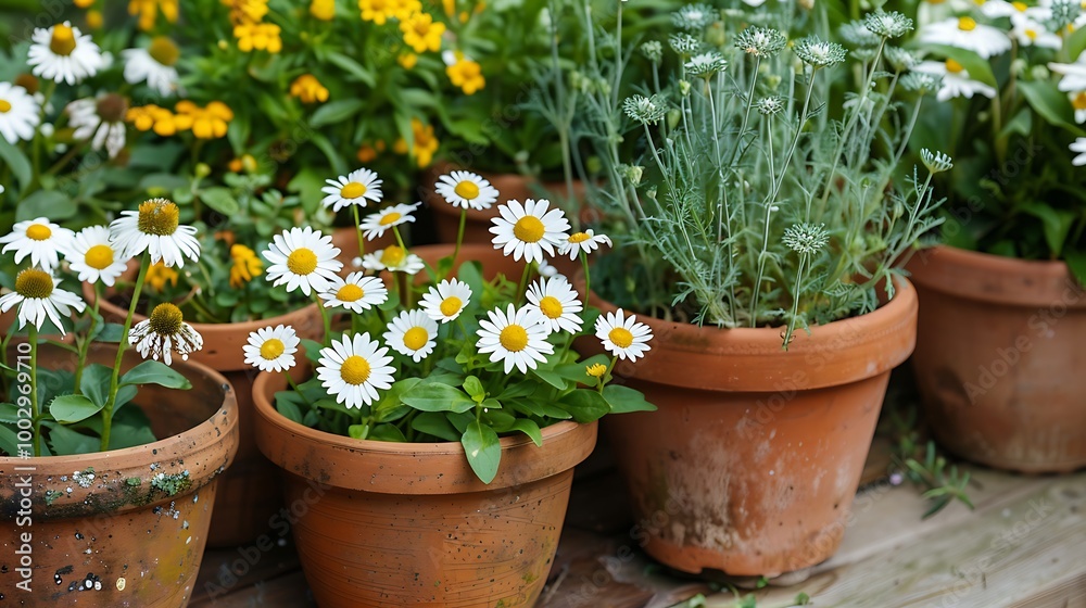 Daisy flowers in bloom with fresh herbs in clay pots related to them Daisy flowers in bloom with fresh herbs in clay pots related to them