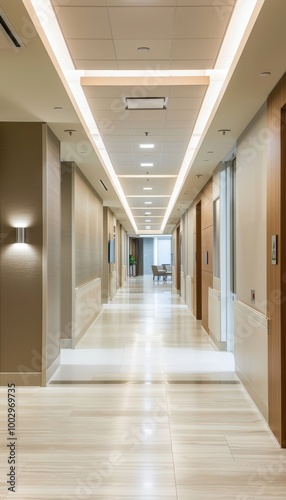 Modern Hospital Corridor Leading to Mammography Section - Comfortable Seating and Soothing Ambiance