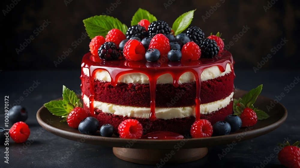 Creamy red velvet cake with a vibrant berry topping, a perfect sweet food or snack Creamy red velvet cake with a vibrant berry topping, a perfect sweet food or snack