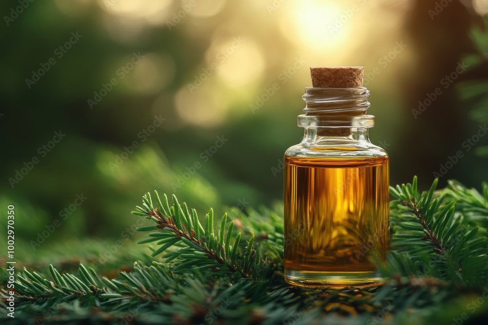 organic banner background featuring a bottle of aromatic cedar oil with fresh cedar leaves for a natural and aromatic touch organic banner background featuring a bottle of aromatic cedar oil with fresh cedar leaves for a natural and aromatic touch