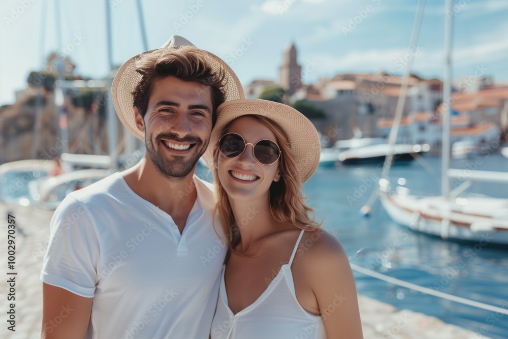 Obraz premium A couple is standing on a boat with a life preserver nearby