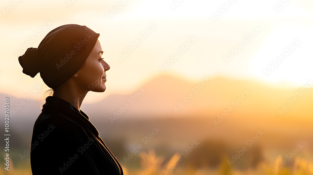 Fototapeta premium A silhouette of a woman standing tall with mountains in the morning