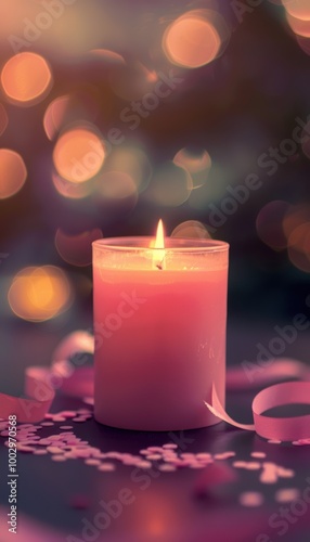 Glowing Pink Candle with Floral Design Symbolizing Hope and Remembrance for Breast Cancer Awareness
