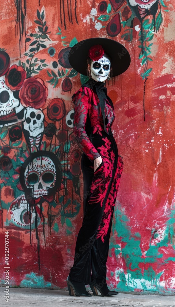 Fototapeta premium Modern La Catrina in Fashionable Floral Attire by Urban Red Wall for Day of the Dead Celebration