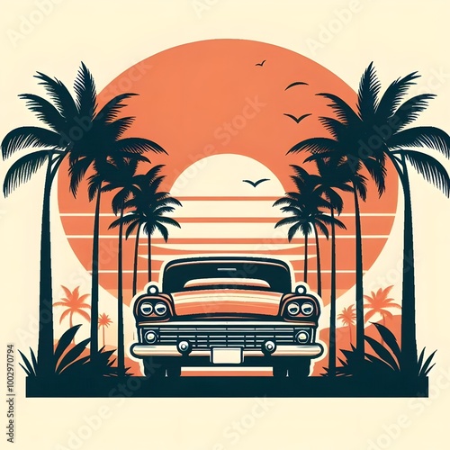 retro Classic car and palm trees silhouette