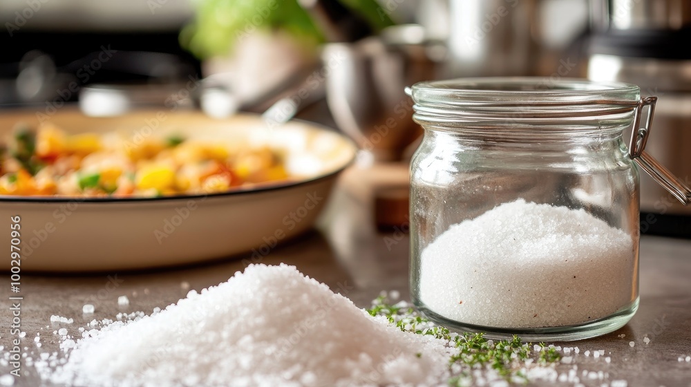 Fresh Ingredients and Salt in Kitchen Setting Fresh Ingredients and Salt in Kitchen Setting