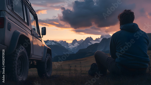 un hombre sentado al lado de su vehiculo de su camioneta admirando las montañas y el paisaje al amanecer disfrutando relajado de la naturaleza photo