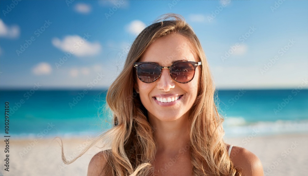 portrait of smiling woman in sunglasses with blurred beach background portrait of smiling woman in sunglasses with blurred beach background