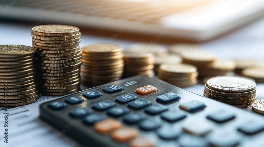 Financial Calculator and Stacked Coins on Desk Financial Calculator and Stacked Coins on Desk