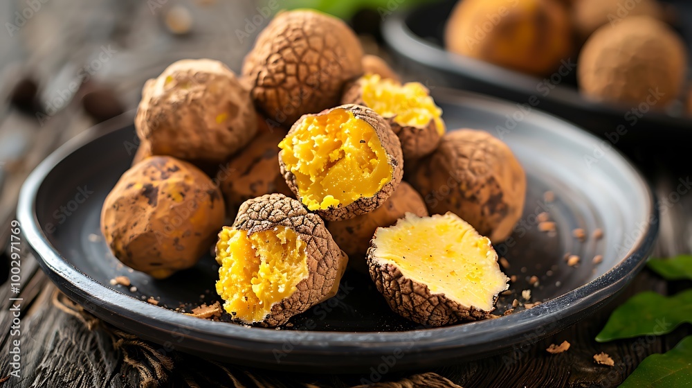 Delicious yellow vacation truffles spores ripe and in pieces for chestnut dishes Delicious yellow vacation truffles spores ripe and in pieces for chestnut dishes
