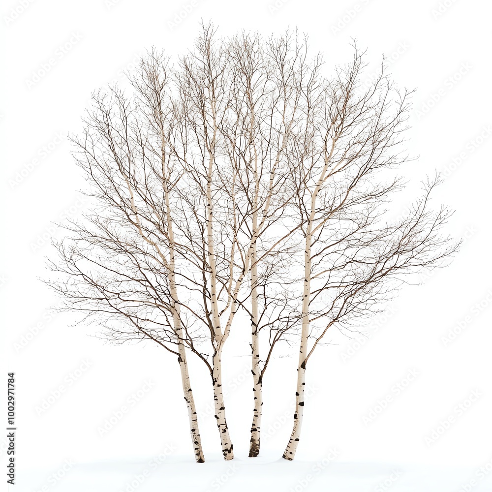 A group of elegant bare birch trees against a white background, showcasing their striking structure and serene atmosphere. A group of elegant bare birch trees against a white background, showcasing their striking structure and serene atmosphere.