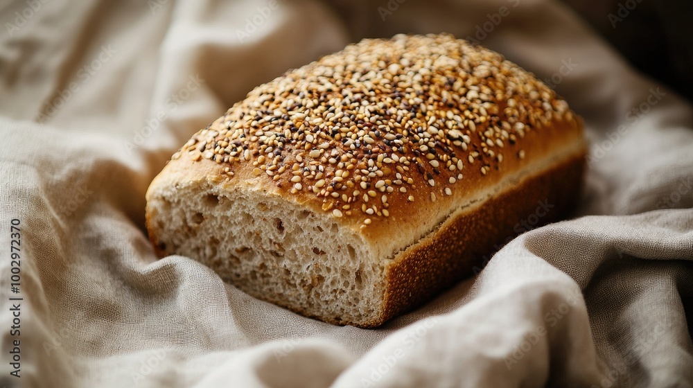 Freshly Baked Sesame Seed Bread on a Fabric Background Freshly Baked Sesame Seed Bread on a Fabric Background
