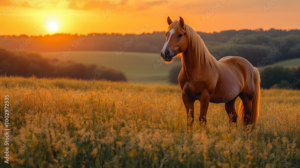 lone horse stands in a vast green meadow, surrounded by rolling hills and distant forests lone horse stands in a vast green meadow, surrounded by rolling hills and distant forests