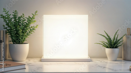 A white box sits on a table next to a potted plant