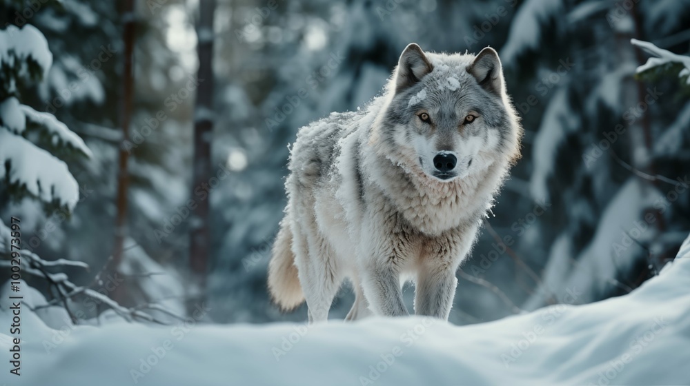 Fototapeta premium A majestic gray wolf standing in a snowy forest, staring directly at the camera. The tranquil winter landscape creates a serene and wild atmosphere, highlighting wildlife in its natural habitat.