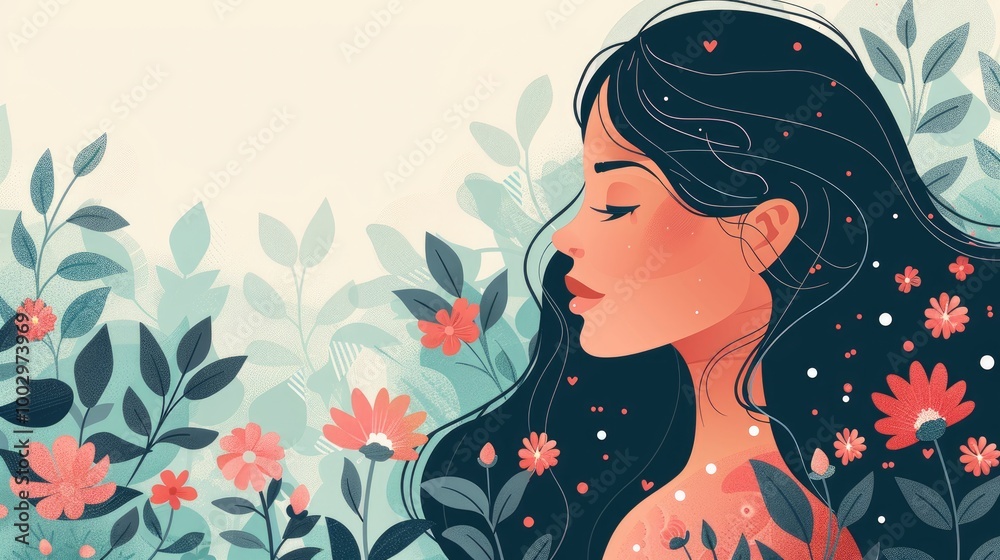 A woman with long dark hair gazes softly towards a field of blossoming flowers. A woman with long dark hair gazes softly towards a field of blossoming flowers.