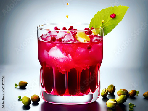 Refreshing hibiscus drink with rose, pistachios and lemon in elegant glasses on a dark background photo