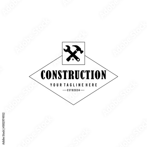 Badge logo for the building services industry, contractor, hammer and wrench symbol