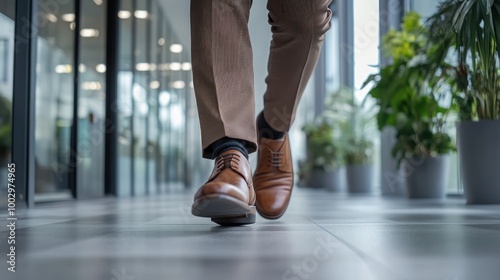 A person walking in a modern corridor, showcasing polished shoes and professional attire.