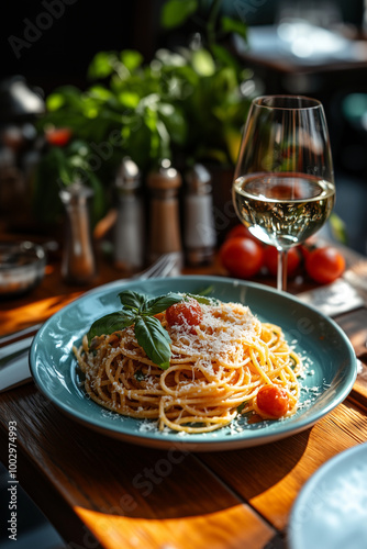 Photo of spaghetti with tomato sauce and Parmesan on a blue plate, surrounded by green leaves and tomatoes in a modern restaurant table setting. A glass of white wine is placed nex