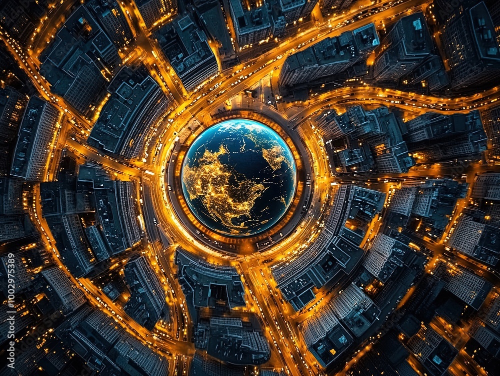Fototapeta premium Stunning Aerial View of Illuminated European Cities Converging Around a Vibrant Globe - Perfect for a Sporty Interior Poster or Inspirational Urban Art!