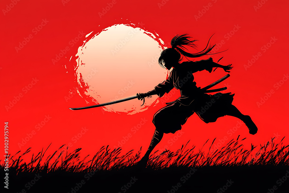 A silhouette of a warrior running against a red sunset, holding a sword. A silhouette of a warrior running against a red sunset, holding a sword.