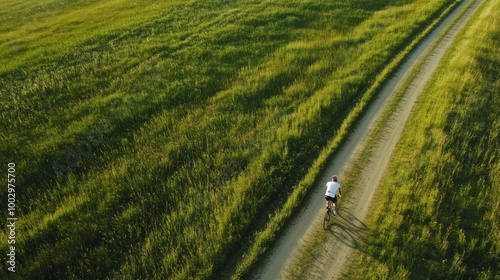 Aerial view Cyclist Riding on Empty Road surrounded by scenic green fields.