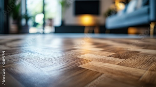A cozy modern living room featuring beautiful wooden parquet flooring.