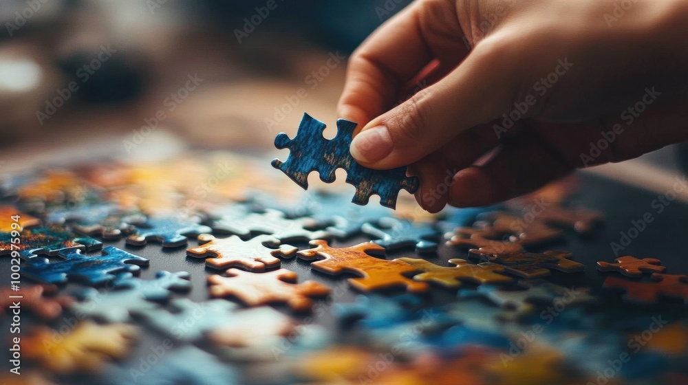 Hand Carefully Placing Puzzle Piece on a Table Hand Carefully Placing Puzzle Piece on a Table