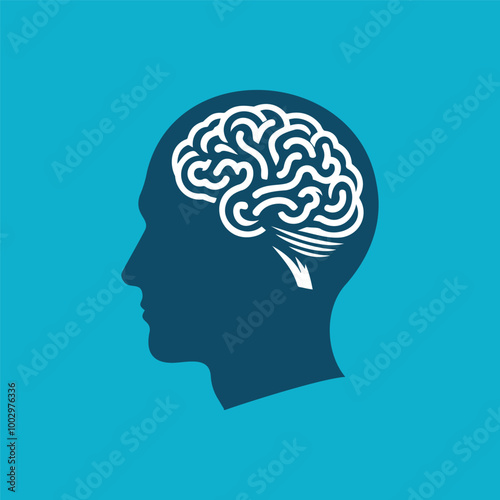 Silhouette of a man's head with intricate brain design, symbolizing intelligence and thought, in a simple vector illustration