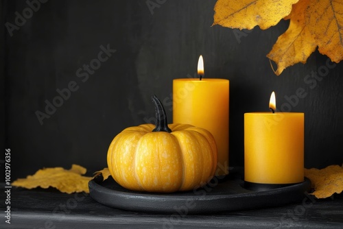 black pumpkins and yellow candles adorn a chic black and yellow interior, creating a stylish halloween vibe for a trendy banner photo