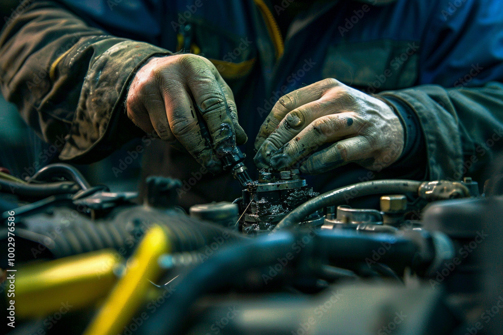 Close-up of a car engine being repaired focusing on the mechanic's hands and tools Close-up of a car engine being repaired focusing on the mechanic's hands and tools