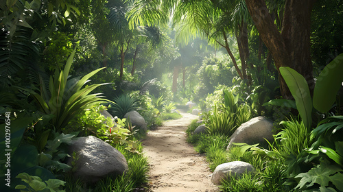 Fototapeta Naklejka Na Ścianę i Meble -  Lush jungle path with ancient trees and a hidden valley. Hidden Valley. Illustration